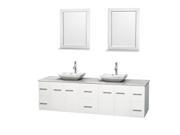 Wyndham Collection Centra 80 inch Double Bathroom Vanity in Matte White White Carrera Marble Countertop Avalon White Carrera Marble Sinks and 24 inch Mirr