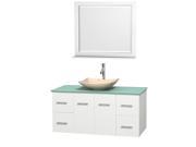 Wyndham Collection Centra 48 inch Single Bathroom Vanity in Matte White Green Glass Countertop Arista Ivory Marble Sink and 36 inch Mirror