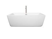 Wyndham Collection Laura 67 inch Freestanding Bathtub in White with Floor Mounted Faucet Drain and Overflow Trim in Brushed Nickel