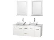 Wyndham Collection Centra 60 inch Double Bathroom Vanity in Matte White White Man Made Stone Countertop Pyra White Porcelain Sinks and 24 inch Mirrors