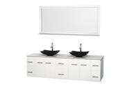 Wyndham Collection Centra 80 inch Double Bathroom Vanity in Matte White White Man Made Stone Countertop Arista Black Granite Sinks and 70 inch Mirror