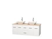 Wyndham Collection Centra 60 inch Double Bathroom Vanity in Matte White Ivory Marble Countertop Pyra Bone Porcelain Sinks and No Mirror