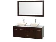 Wyndham Collection Centra 60 inch Double Bathroom Vanity in Espresso White Man Made Stone Countertop Pyra Bone Porcelain Sinks and 58 inch Mirror