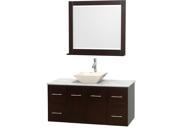 Wyndham Collection Centra 48 inch Single Bathroom Vanity in Espresso White Carrera Marble Countertop Pyra Bone Porcelain Sink and 36 inch Mirror
