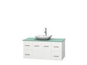 Wyndham Collection Centra 48 inch Single Bathroom Vanity in Matte White Green Glass Countertop Avalon White Carrera Marble Sink and No Mirror