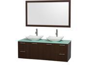 Wyndham Collection Amare 60 inch Double Bathroom Vanity in Espresso Green Glass Countertop Arista White Carrera Marble Sinks and 58 inch Mirror