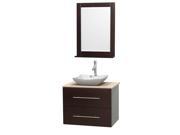 Wyndham Collection Centra 30 inch Single Bathroom Vanity in Espresso Ivory Marble Countertop Avalon White Carrera Marble Sink and 24 inch Mirror
