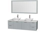 Wyndham Collection Amare 72 inch Double Bathroom Vanity in Dove Gray White Man Made Stone Countertop Avalon White Carrera Marble Sinks and 70 inch Mirror