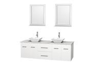Wyndham Collection Centra 72 inch Double Bathroom Vanity in Matte White White Carrera Marble Countertop Pyra White Porcelain Sinks and 24 inch Mirrors