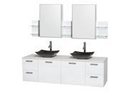 Wyndham Collection Amare 72 inch Double Bathroom Vanity in Glossy White White Man Made Stone Countertop Arista Black Granite Sinks and Medicine Cabinets