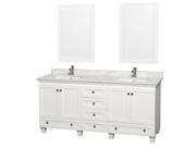 Wyndham Collection Acclaim 72 inch Double Bathroom Vanity in White White Carrera Marble Countertop Undermount Square Sinks and 24 inch Mirrors