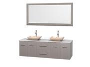 Wyndham Collection Centra 72 inch Double Bathroom Vanity in Gray Oak White Man Made Stone Countertop Avalon Ivory Marble Sinks and 70 inch Mirror