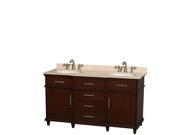 Wyndham Collection Berkeley 60 inch Double Bathroom Vanity in Dark Chestnut with Ivory Marble Top with White Undermount Oval Sinks and No Mirror