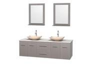 Wyndham Collection Centra 72 inch Double Bathroom Vanity in Gray Oak White Carrera Marble Countertop Arista Ivory Marble Sinks and 24 inch Mirrors