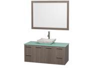 Wyndham Collection Amare 48 inch Single Bathroom Vanity in Gray Oak with Green Glass Top with Carrera Marble Sink and 46 inch Mirror