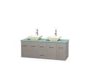 Wyndham Collection Centra 60 inch Double Bathroom Vanity in Gray Oak Green Glass Countertop Pyra Bone Porcelain Sinks and No Mirror