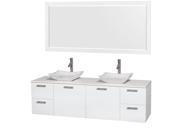 Wyndham Collection Amare 72 inch Double Bathroom Vanity in Glossy White White Man Made Stone Countertop Avalon White Carrera Marble Sinks and 70 inch Mirr