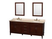 Wyndham Collection Hatton 80 inch Double Bathroom Vanity in Dark Chestnut Ivory Marble Countertop Undermount Oval Sinks and 24 inch Mirrors