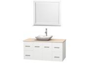 Wyndham Collection Centra 48 inch Single Bathroom Vanity in Matte White Ivory Marble Countertop Avalon White Carrera Marble Sink and 36 inch Mirror