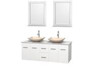 Wyndham Collection Centra 60 inch Double Bathroom Vanity in Matte White White Carrera Marble Countertop Arista Ivory Marble Sinks and 24 inch Mirrors