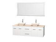 Wyndham Collection Centra 72 inch Double Bathroom Vanity in Matte White Ivory Marble Countertop Pyra Bone Porcelain Sinks and 70 inch Mirror