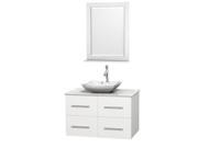 Wyndham Collection Centra 36 inch Single Bathroom Vanity in Matte White White Carrera Marble Countertop Avalon White Carrera Marble Sink and 24 inch Mirro