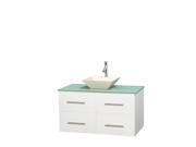 Wyndham Collection Centra 42 inch Single Bathroom Vanity in Matte White Green Glass Countertop Pyra Bone Porcelain Sink and No Mirror