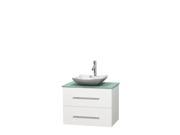 Wyndham Collection Centra 30 inch Single Bathroom Vanity in Matte White Green Glass Countertop Avalon White Carrera Marble Sink and No Mirror