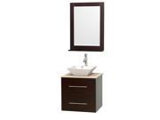 Wyndham Collection Centra 24 inch Single Bathroom Vanity in Espresso Ivory Marble Countertop Pyra White Porcelain Sink and 24 inch Mirror