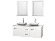 Wyndham Collection Centra 60 inch Double Bathroom Vanity in Matte White White Carrera Marble Countertop Avalon White Carrera Marble Sinks and 24 inch Mirr