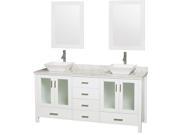 Wyndham Collection Lucy 72 inch Double Bathroom Vanity in White White Carrera Marble Countertop Pyra White Porcelain Sinks and 24 inch Mirrors