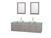 Wyndham Collection Centra 80 inch Double Bathroom Vanity in Gray Oak Green Glass Countertop Pyra Bone Porcelain Sinks and 24 inch Mirrors