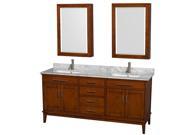 Wyndham Collection Hatton 72 inch Double Bathroom Vanity in Light Chestnut White Carrera Marble Countertop Undermount Square Sinks and Medicine Cabinets