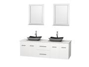 Wyndham Collection Centra 72 inch Double Bathroom Vanity in Matte White White Carrera Marble Countertop Altair Black Granite Sinks and 24 inch Mirrors