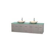 Wyndham Collection Centra 80 inch Double Bathroom Vanity in Gray Oak Green Glass Countertop Arista Ivory Marble Sinks and No Mirror