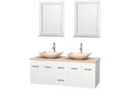 Wyndham Collection Centra 60 inch Double Bathroom Vanity in Matte White Ivory Marble Countertop Arista Ivory Marble Sinks and 24 inch Mirrors