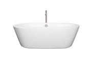 Wyndham Collection Mermaid 71 inch Freestanding Bathtub in White with Floor Mounted Faucet Drain and Overflow Trim in Brushed Nickel