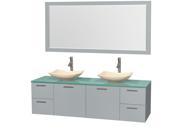 Wyndham Collection Amare 72 inch Double Bathroom Vanity in Dove Gray Green Glass Countertop Arista Ivory Marble Sinks and 70 inch Mirror