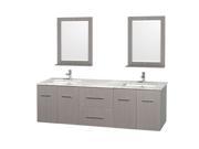 Wyndham Collection Centra 72 inch Double Bathroom Vanity in Gray Oak White Carrera Marble Countertop Undermount Square Sink and 24 inch Mirrors