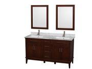 Wyndham Collection Hatton 60 inch Double Bathroom Vanity in Dark Chestnut White Carrera Marble Countertop Undermount Square Sinks and 24 inch Mirrors