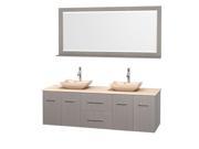 Wyndham Collection Centra 72 inch Double Bathroom Vanity in Gray Oak Ivory Marble Countertop Avalon Ivory Marble Sinks and 70 inch Mirror