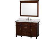 Wyndham Collection Berkeley 48 inch Single Bathroom Vanity in Dark Chestnut with White Carrera Marble Top with White Undermount Oval Sink and 44 inch Mirror