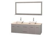 Wyndham Collection Centra 72 inch Double Bathroom Vanity in Gray Oak Ivory Marble Countertop Pyra White Porcelain Sinks and 70 inch Mirror