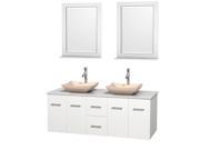 Wyndham Collection Centra 60 inch Double Bathroom Vanity in Matte White White Man Made Stone Countertop Avalon Ivory Marble Sinks and 24 inch Mirrors