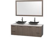 Wyndham Collection Amare 60 inch Double Bathroom Vanity in Gray Oak White Man Made Stone Countertop Arista Black Granite Sinks and 58 inch Mirror