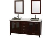 Wyndham Collection Lucy 72 inch Double Bathroom Vanity in Espresso White Carrera Marble Countertop Altair Black Granite Sink and 24 inch Mirrors