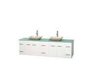Wyndham Collection Centra 80 inch Double Bathroom Vanity in Matte White Green Glass Countertop Avalon Ivory Marble Sinks and No Mirror