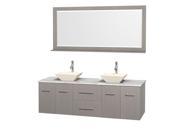 Wyndham Collection Centra 72 inch Double Bathroom Vanity in Gray Oak White Carrera Marble Countertop Pyra Bone Porcelain Sinks and 70 inch Mirror