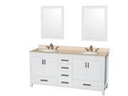 Wyndham Collection Sheffield 72 inch Double Bathroom Vanity in White Ivory Marble Countertop Undermount Oval Sinks and 24 inch Mirrors