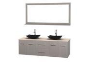 Wyndham Collection Centra 72 inch Double Bathroom Vanity in Gray Oak Ivory Marble Countertop Arista Black Granite Sinks and 70 inch Mirror